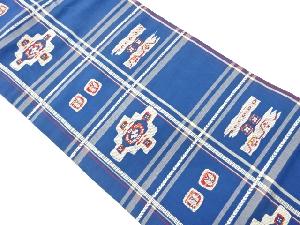 格子に抽象幾何学模様織出し名古屋帯